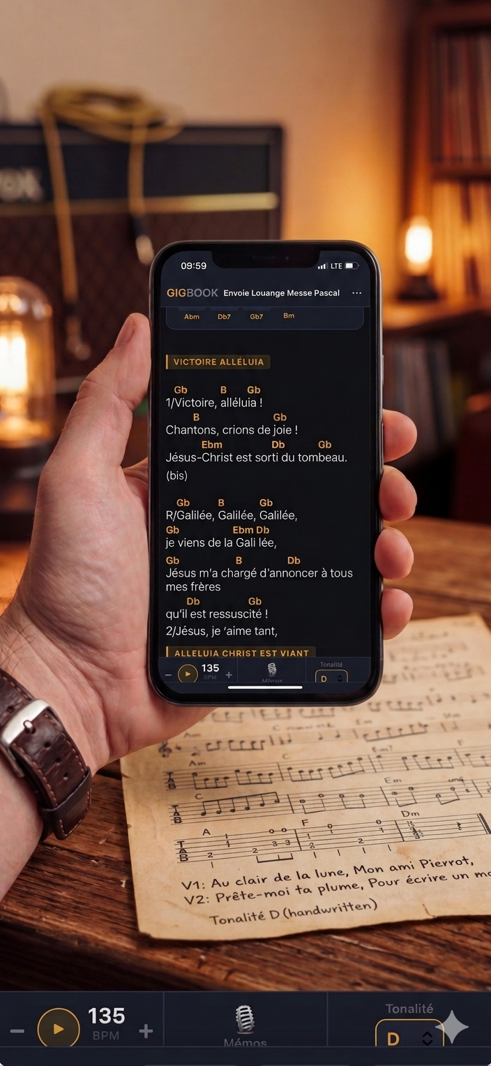 GigBook sur iPhone — affichage d'un morceau avec accords et paroles